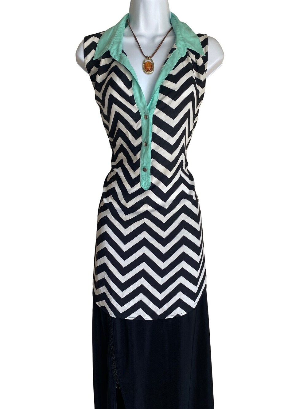 VTG heartsoul Plus 1X Black White Chevron Tunic Blouse Button Up Mint Collar